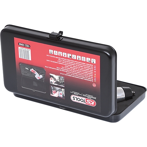 Schwarzer Werkzeugkoffer, geöffnet, mit einem Werkzeug und Beschreibungstext.